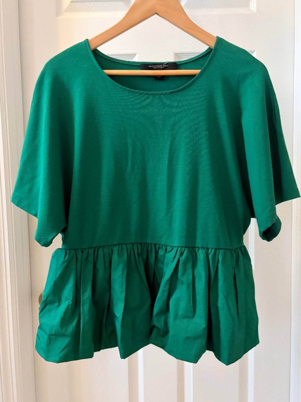 Marc New York Andrew Marc Green Blouse Peplum Hem, Short Sleeves and Scoop Neck